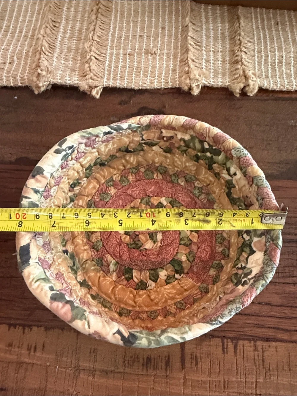 Vintage Floral Handcrafted Coiled Fabric Rope Basket Bowl Boho Cottagecore